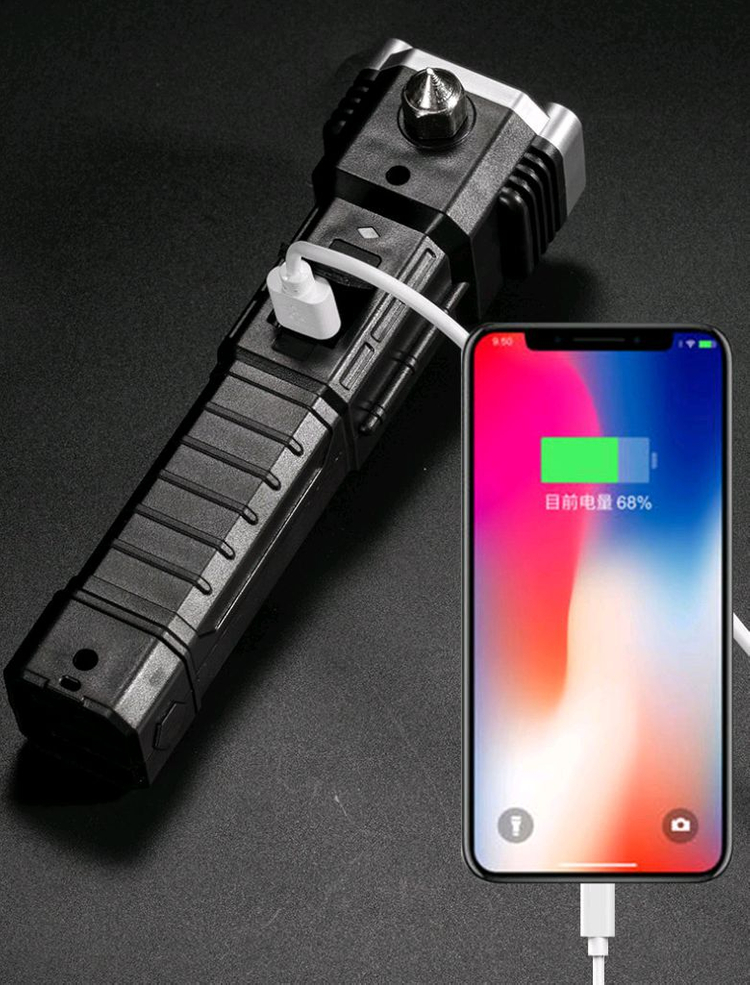 새상품/ 충전식 차량용 생존 XPE후레쉬 손전등 랜턴 렌턴 자석 망치 비상탈출 칼 보조베터리 점멸등--9