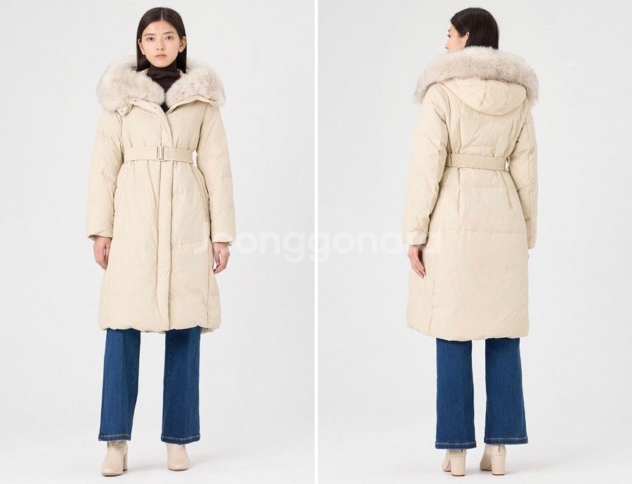 21년 라인어디션 LINE 폭스퍼 벨트 구스다운 롱패딩 후드 거위털 점퍼 코트 블랙 검정--2