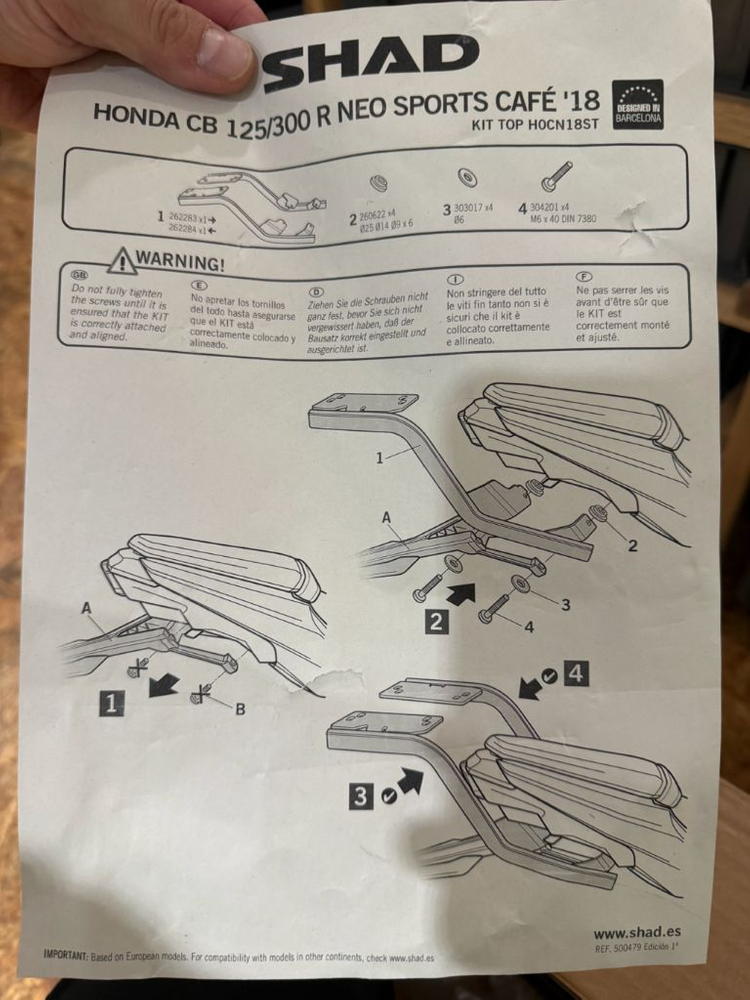 샤드 SHAD CB125/300R 탑박스 브라켓 이미지