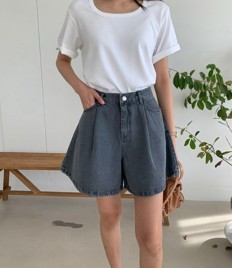 그레이 5부 핀턱 A라인 반바지 S--1