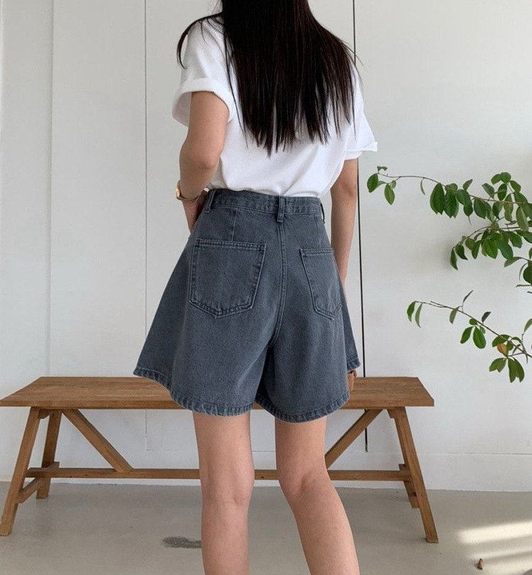 그레이 5부 핀턱 A라인 반바지 S--2