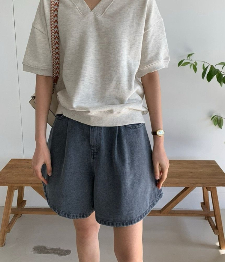 그레이 5부 핀턱 A라인 반바지 S--3