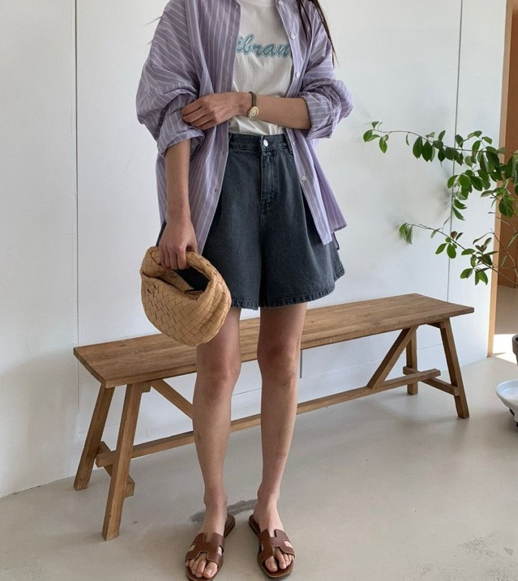 그레이 5부 핀턱 A라인 반바지 S--6