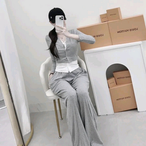 새상품 배색가디건+와이드팬츠 밴딩바지 투피스 세트