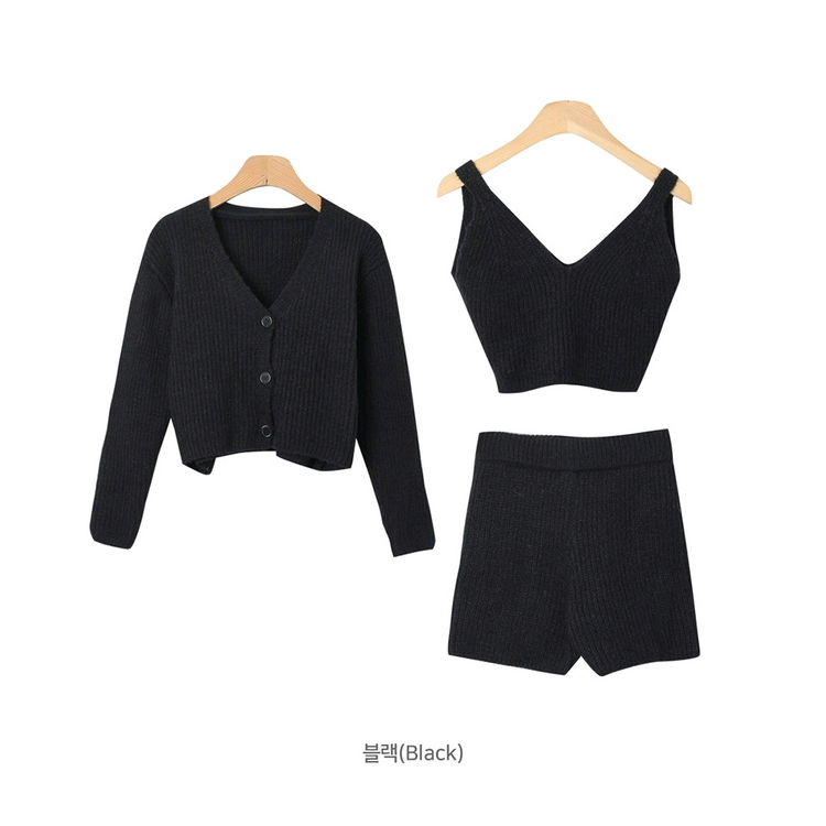 울 니트 V넥 크롭 가디건 나시 숏팬츠 세트--7
