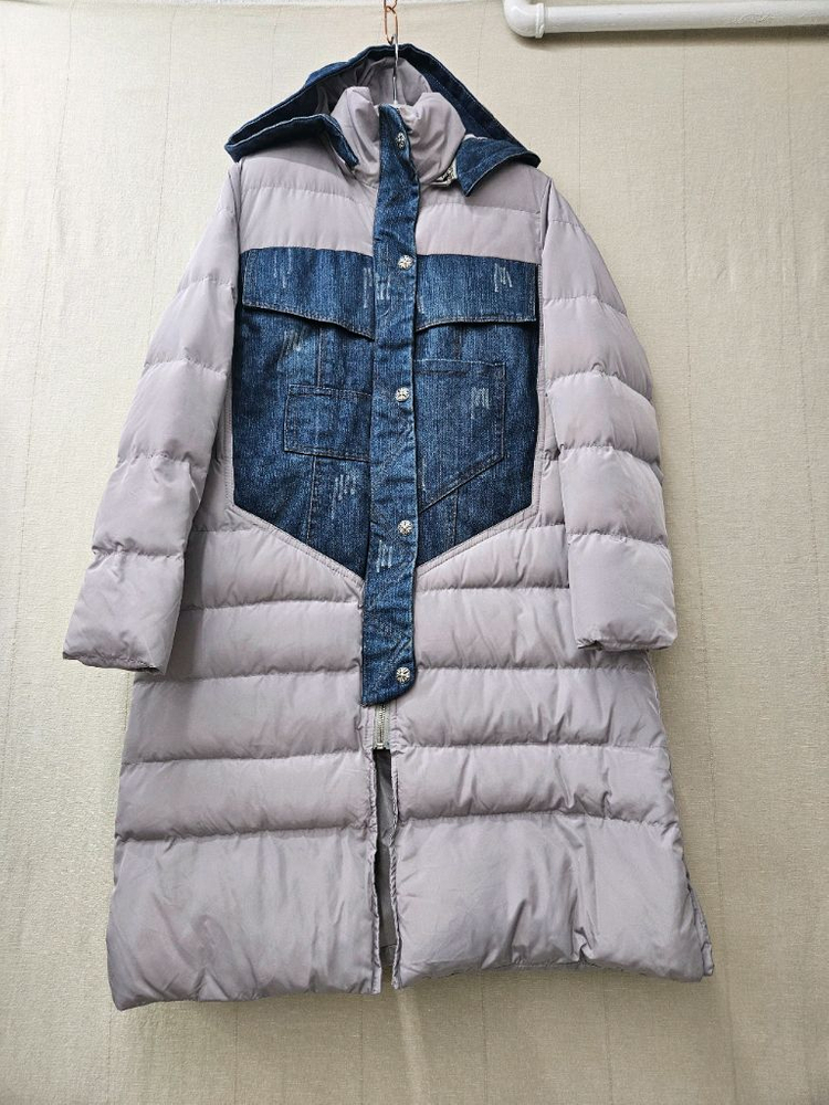 데님패치배색 후드롱패딩--1