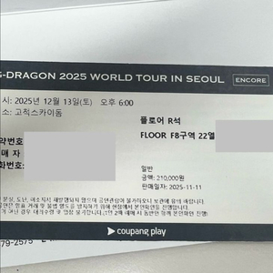 (12.13 토)지드래곤 콘서트 플로어R석 이미지