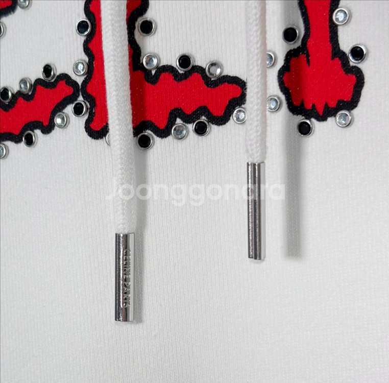 M 셀린느 코튼 플리스 라인스톤 후드 티셔츠 오프화이트--4