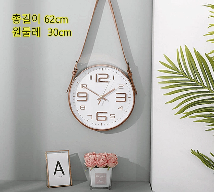감성적인 브라운 가죽 끈 로즈골드 원형 벽시계 이미지