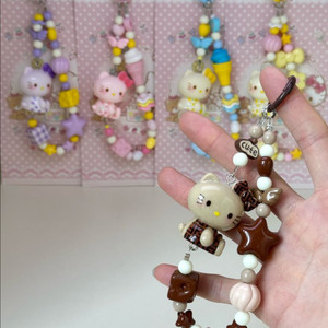 핸드메이드 제작 헬로키티 비즈 스트랩 핸드폰 키링 이미지
