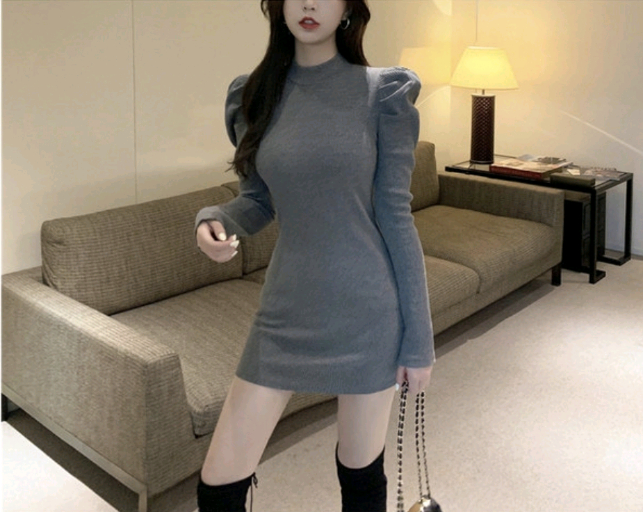 그레이 퍼프 골지 니트 미니 원피스 반폴라 슬림핏 섹시 반목 어깨 소매 회색 밀착핏 홀복 드레스 연말파티룩 하객룩 이미지