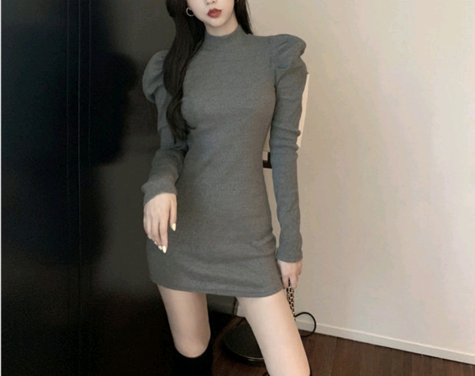 그레이 퍼프 골지 니트 미니 원피스 반폴라 슬림핏 섹시 반목 어깨 소매 회색 밀착핏 홀복 드레스 연말파티룩 하객룩 이미지