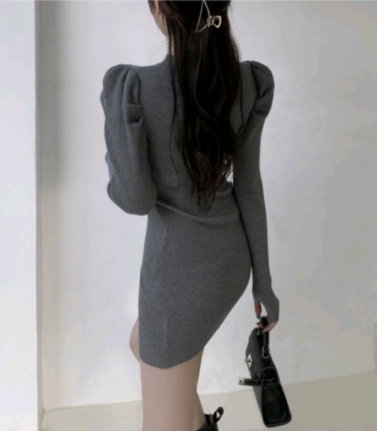 그레이 퍼프 골지 니트 미니 원피스 반폴라 슬림핏 섹시 반목 어깨 소매 회색 밀착핏 홀복 드레스 연말파티룩 하객룩 이미지