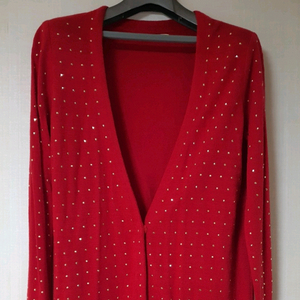 여성 레드 니트 가디건 비즈 장식