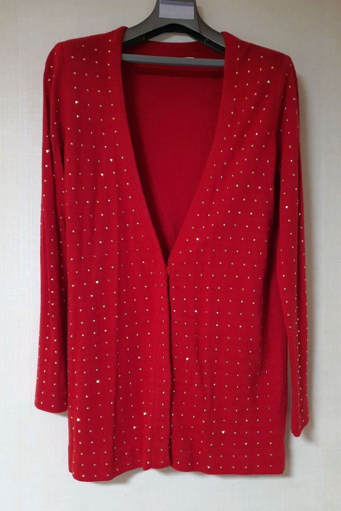 여성 레드 니트 가디건 비즈 장식--1