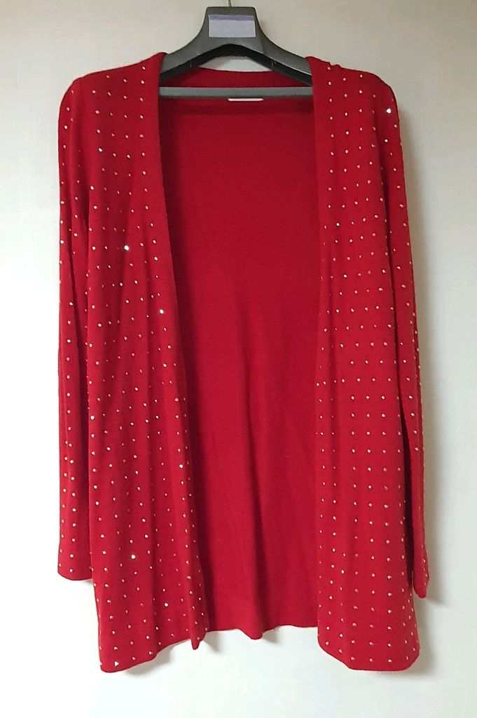 여성 레드 니트 가디건 비즈 장식--3