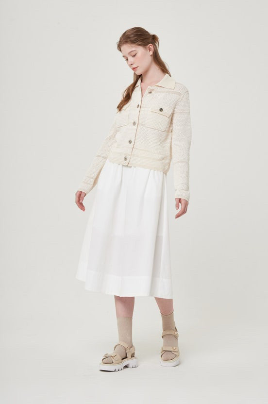 22년 한섬 폼더스토어 THE STORE 부클 펀칭 배색 카라 가디건 아이보리 매쉬 부클레 이미지