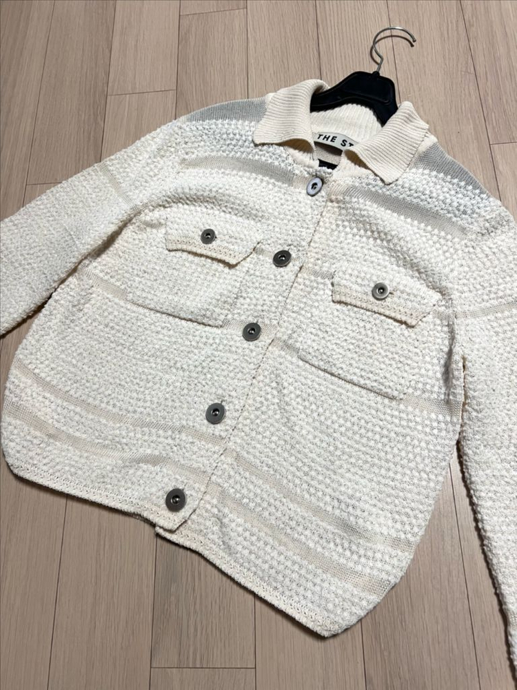 22년 한섬 폼더스토어 THE STORE 부클 펀칭 배색 카라 가디건 아이보리 매쉬 부클레 이미지