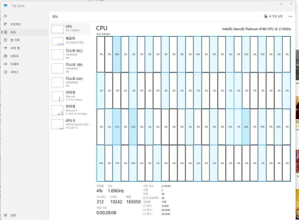 Dell 7920 8160 2 CPU/128G RAM/쿼드로RTX4000 2개/32TB HDD/1T NVME--4