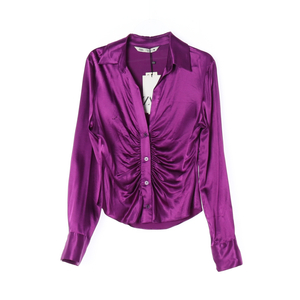 (새상품)[XS]자라 새틴 퍼플 브이넥 셔링 긴팔 셔츠 블라우스