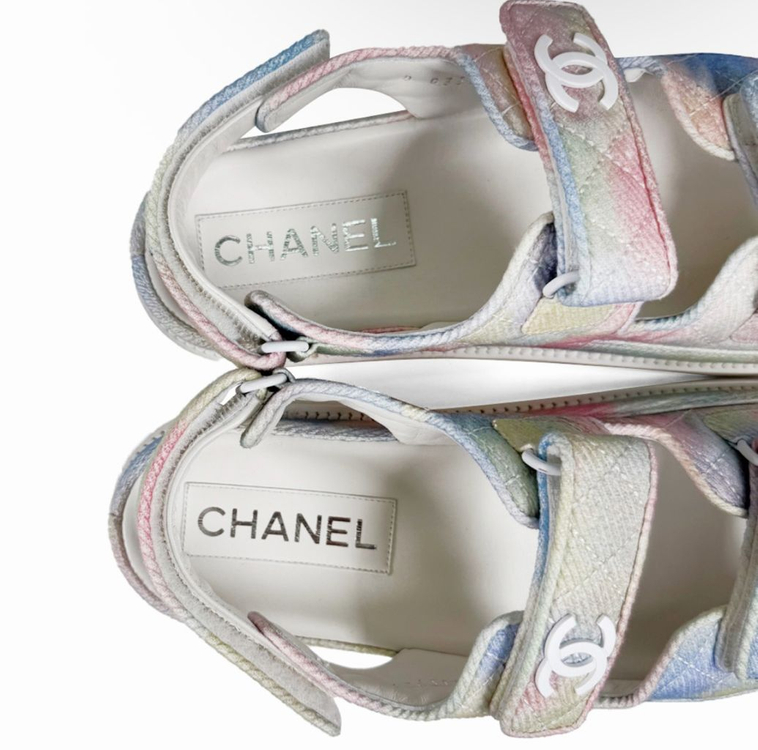 [38.5] 샤넬 여성 멀티 CC로고 벨크로 뮬 샌들 레인보우 파스텔--7
