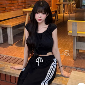 (새상품)리본 밴딩 퍼프 크롭 블라우스 블랙/FREE