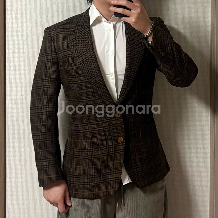 정품 에르메네질도 제냐 브라운 타탄체크 울 캐시미어 블레이저 자켓--1