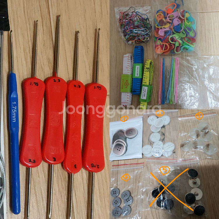 뜨개질 도구 대바늘 코바늘, 마커핀, 돗바늘, 단추 등 부자재 도구--0