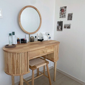 원목 화장대 세트(거울+라탄 스툴)