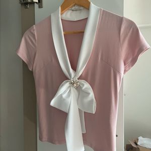 (새상품)수입의류 큐빅 브로치 니트 블라우스 핑크