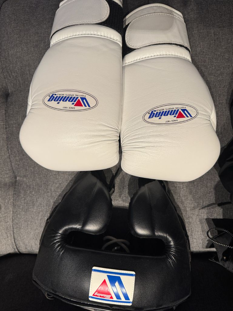 위닝 복싱글러브 14온스 벨크로 화이트, 헤드기어 T자 L사이즈 블랙--5