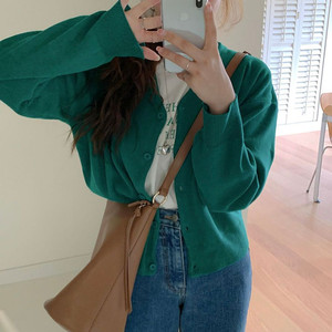 브티넥 무지 니트 가디건 그린