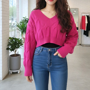 브이넥 도톰 꽈배기 크롭니트ㅡ무배