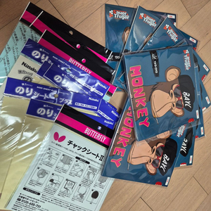 사우어&트뢰거 롱핌플 러버 몽키 OX 7개 + 점착 시트 7개(버터플라이 + 닛타쿠) 판매 합니다.