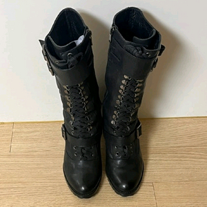 키사 블랙 레이스업 힐 가죽부츠 235 새거 이미지