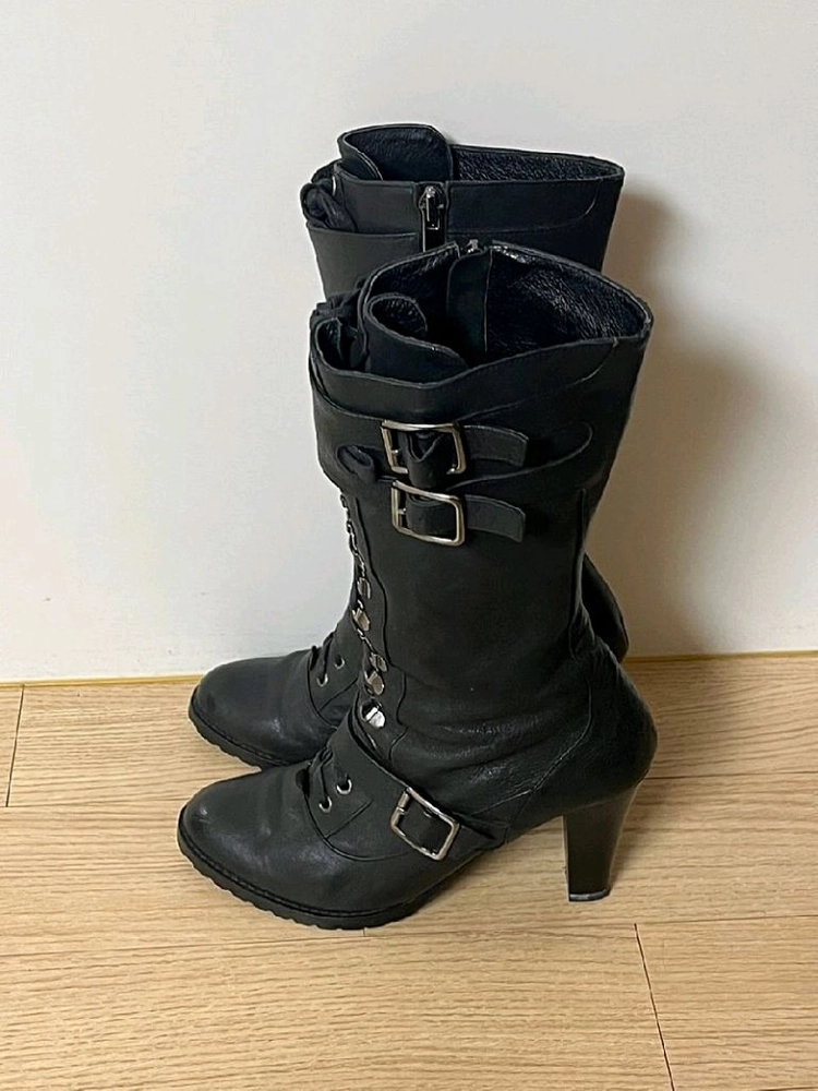 키사 블랙 레이스업 힐 가죽부츠 235 새거 이미지
