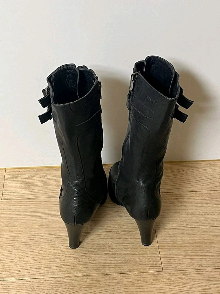 키사 블랙 레이스업 힐 가죽부츠 235 새거 이미지