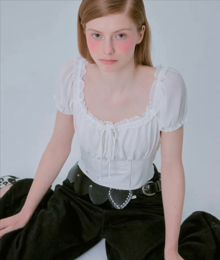 [새상품/M]페일제이드 쉬폰 레이스 퍼프 블라우스 블랙 검정--2