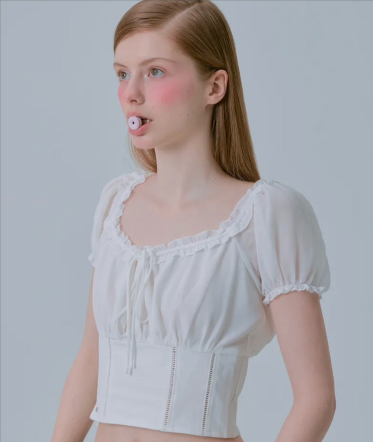 [새상품/M]페일제이드 쉬폰 레이스 퍼프 블라우스 블랙 검정--3