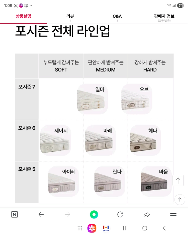 한샘 포시즌 6 헤나 매트리스 이미지