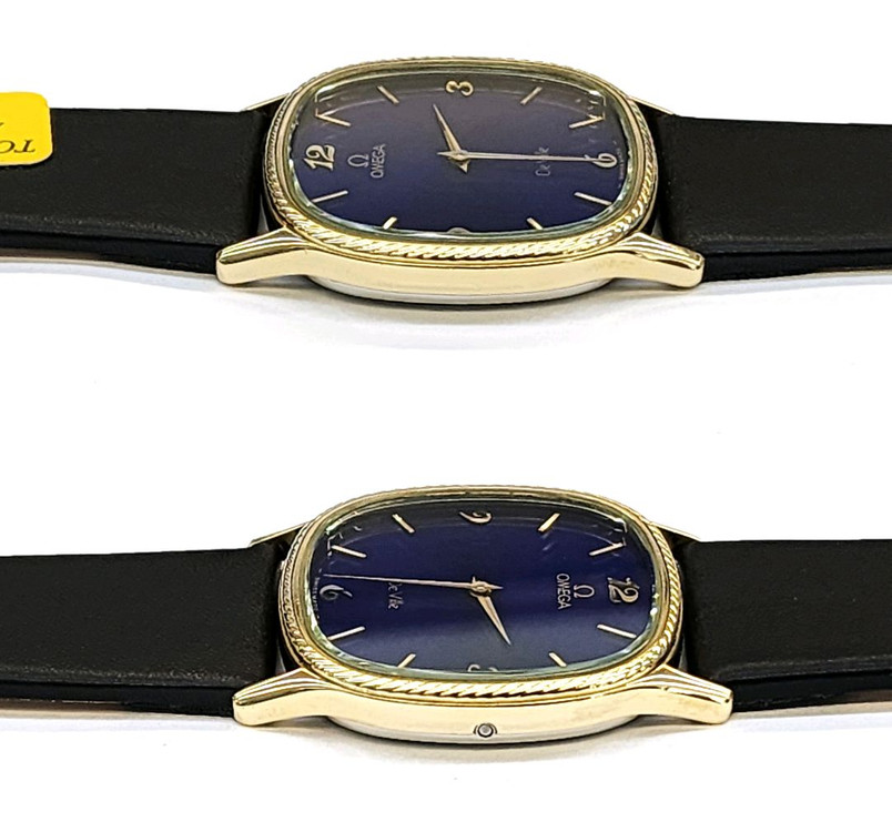 신품급 정품 오메가 남성용 쿼츠 ㅡ 진청색 선레이 + 금색 케이스--2