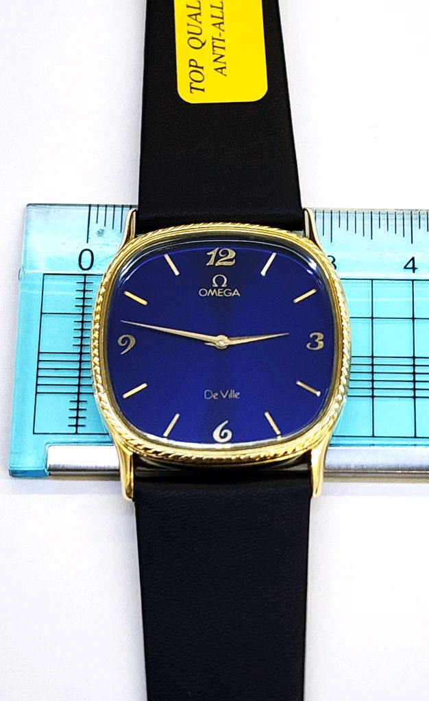 신품급 정품 오메가 남성용 쿼츠 ㅡ 진청색 선레이 + 금색 케이스--3