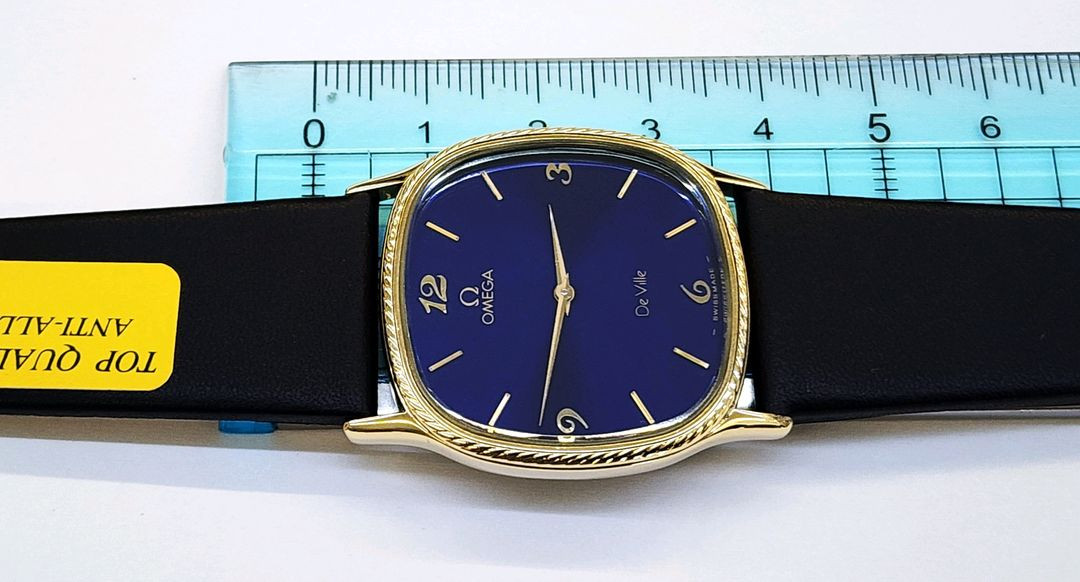 신품급 정품 오메가 남성용 쿼츠 ㅡ 진청색 선레이 + 금색 케이스--4