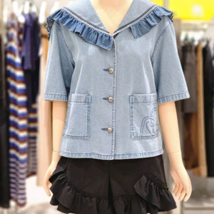 [가격인하] 럭키슈에뜨 프릴 포인트 데님 블라우스