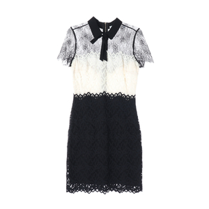 [M]산드로 블랙 아이보리 레이스 리본 타이 반팔 카라 원피스 하객룩