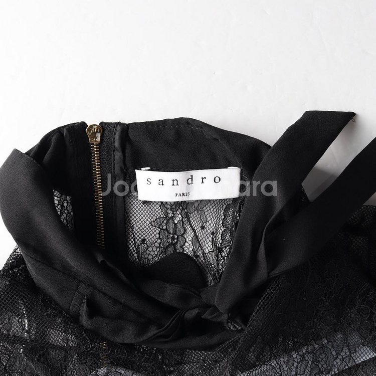 [M]산드로 블랙 아이보리 레이스 리본 타이 반팔 카라 원피스 하객룩--5