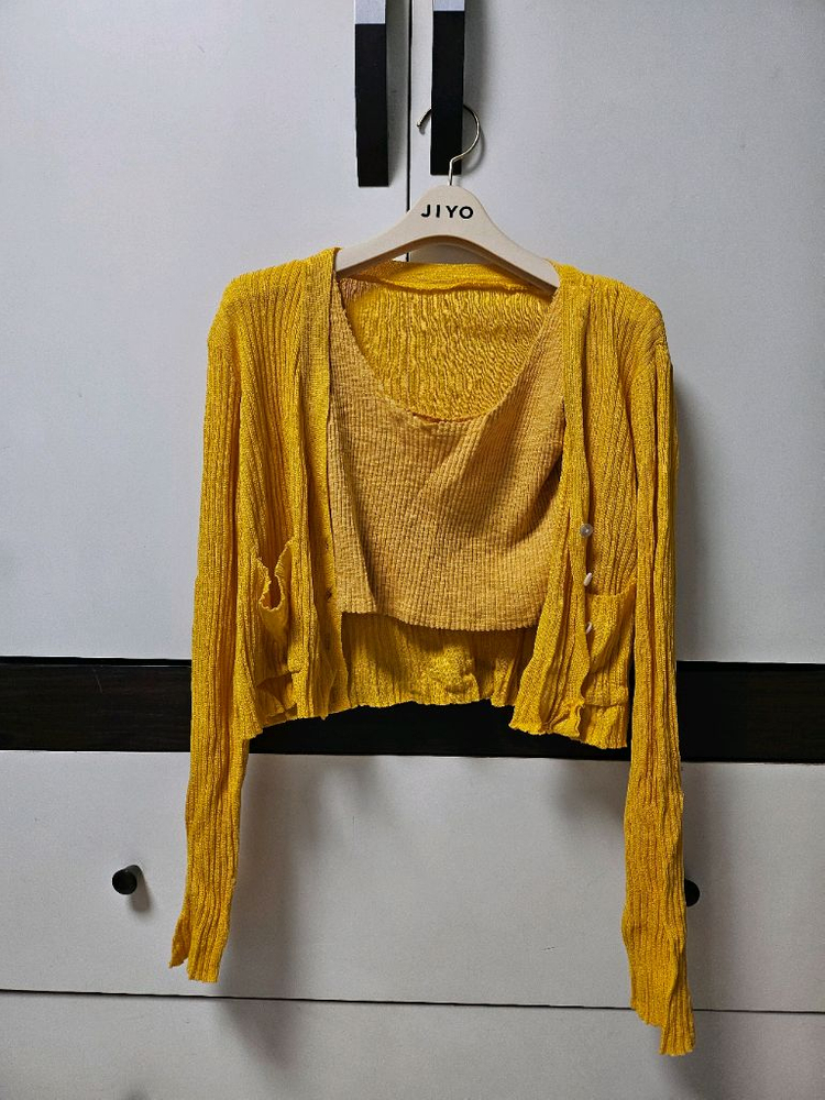 오렌지 골지 니트 나시 가디건 세트--2