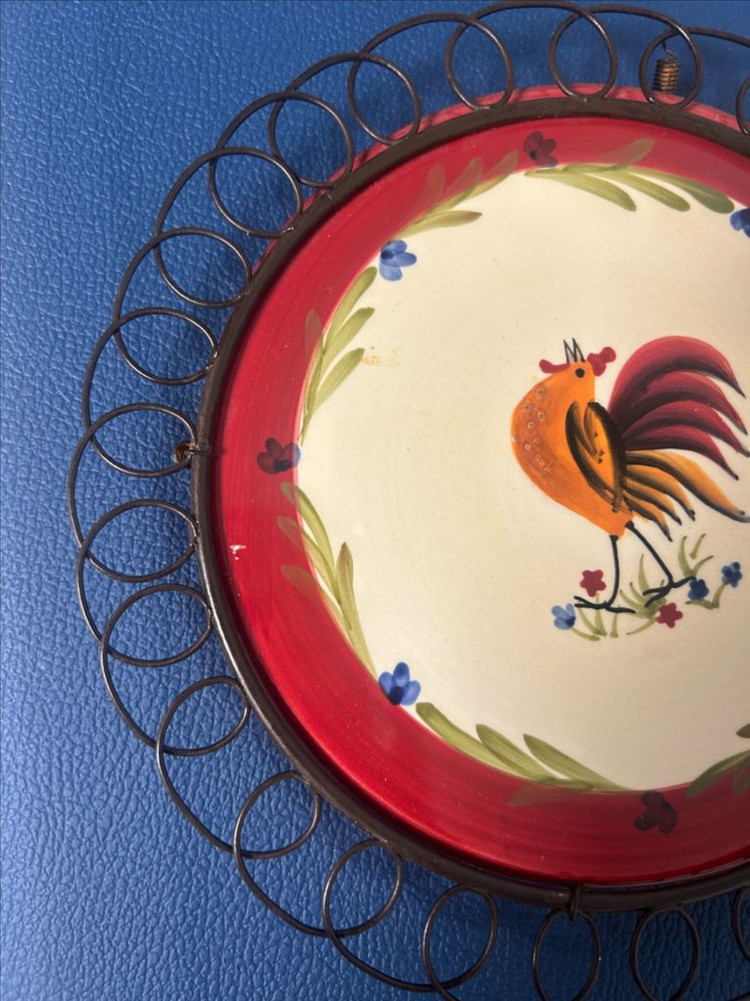 빈티지 AVON 수탉 세라믹 접시/ 금속 프레임 삼발이 이미지