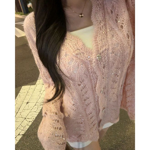 새상품 펄 샤이닝 물결 니트 울 하프 가디건 수입의류