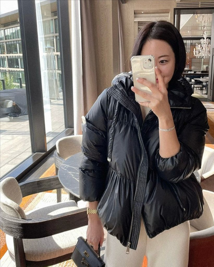 낸시렐라 구스 이불 패딩 셔링 후드 숏패딩 거위털 다운 점퍼 푸퍼 자켓 블랙 검정 이미지